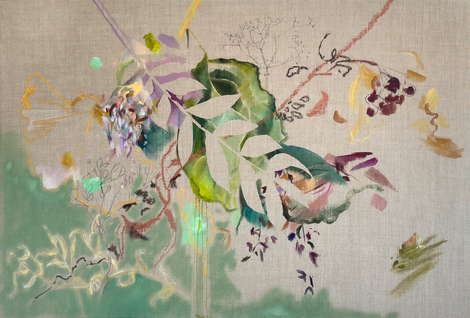GOE_ 61h x 41.25w (155x105x2cm), $2,400, Ginko's Narrative (oil stick, charcoal, acrylic, spray paint on raw linen) 2024 1 - BOT Series