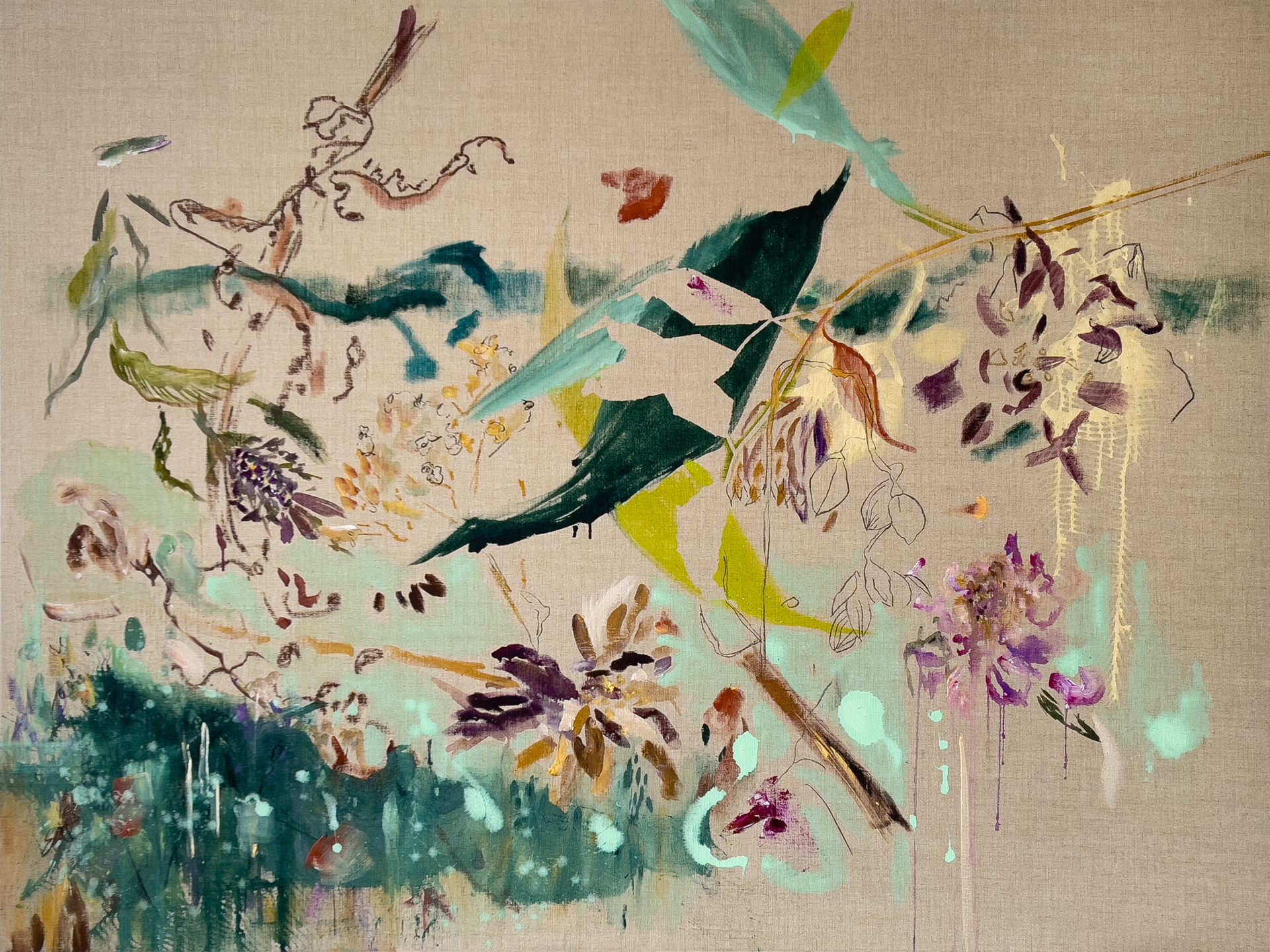 0 HOLD Caitlin with TCI 8.05 - 8.19 GOE_ 59h x 78.5w (150x200x2.5 cm), $7,300, Go Find Your Emerald Dew Drops (oil stick, charcoal & acrylic on raw linen), 2024 signed on back 1