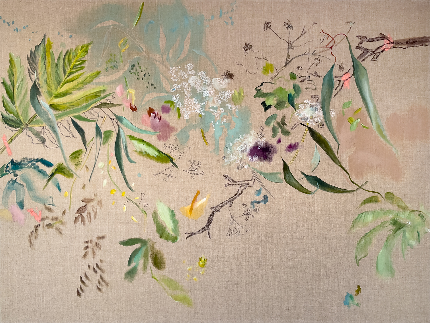 GOE_ 59h x 78.5w, $7,700, Forest Choir (oil stick, acrylic & charcoal on raw linen canvas) 2025 1 - BOT Series