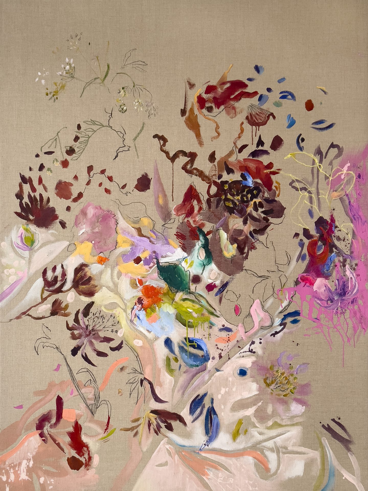 0 HOLD - Kristen Fegale Kailey Koch 6.20 - 7.8 GOE_ 78.5h x 59w (200x150x2.5 cm), $7,700, The Sole Unquiet Thing (oil stick, ink, acrylic & charcoal on raw linen canvas), 2024 signed on back 1